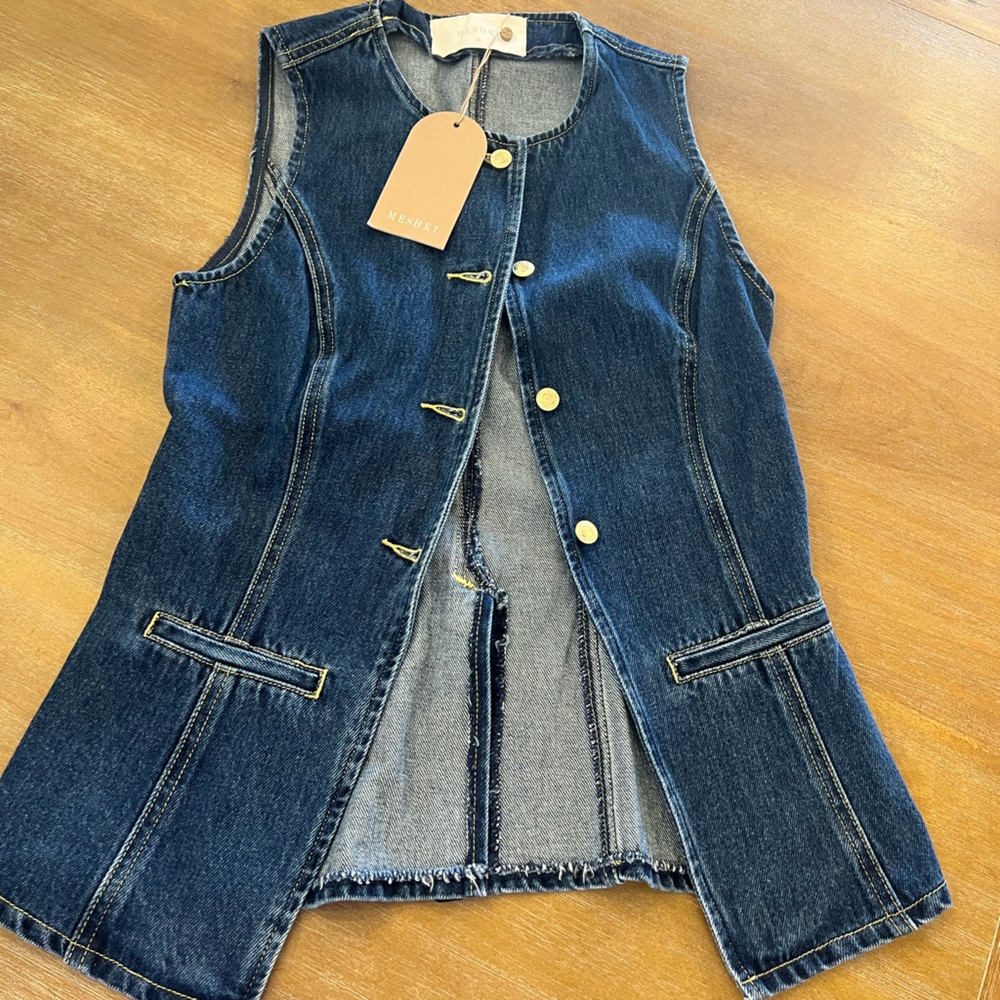 Meshki Dark Blue Denim Sleeveless Vest with Gold Buttons